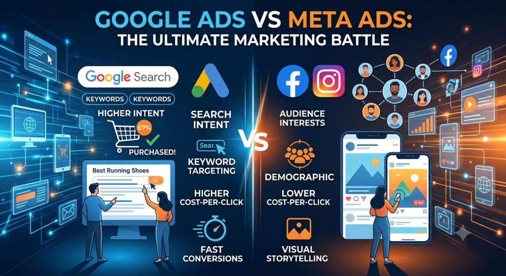 alt="google ads vs meta ads main featured image infographic comparing user search intent against audience demographic targeting"